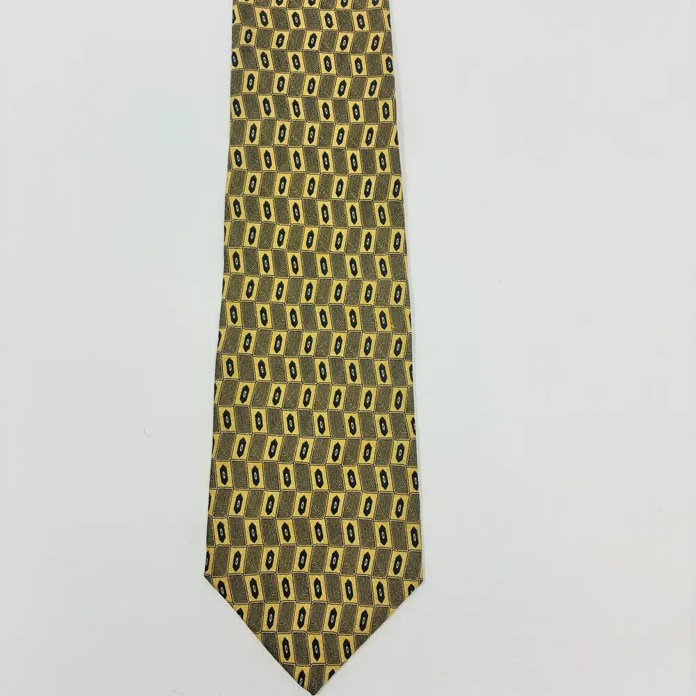 Oscar de la Renta Mens Silk Tie Gold Blue Geometric Squares Classic 3.75x59